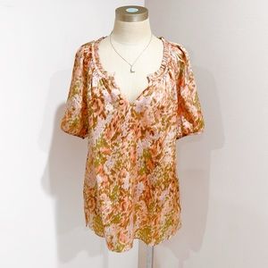 Talbots Women's Coral Pink Satin Abstract Print Short Sleeve Blouse Top Size M